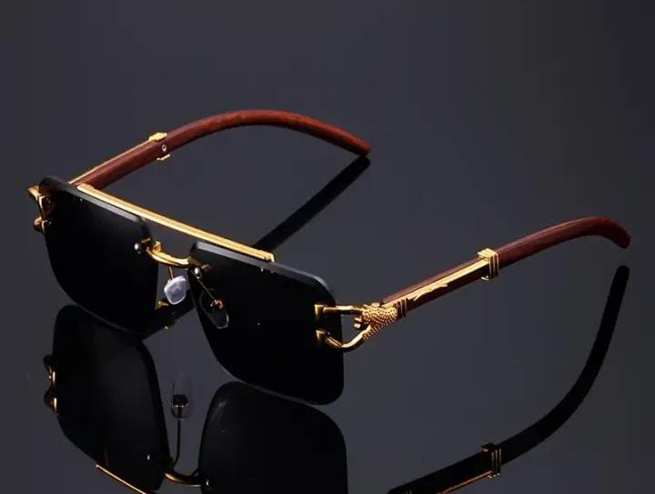 Luxury Leopard Pattern Frameless Glasses for Men and Women, Black Mirrored PC Lenses, Metal Hinge, Wood Grain Support, Fashionable Hiking Eyewear for Travel and Parties