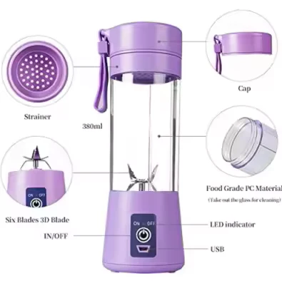 USB Rechargeable Juicer Blender 6 Blades Electric Blender Mini Portable Personal Size USB Rechargeable Mixer 380ml Food Grade Water Bottle Portable Fruit Juicer Machine (Double Click Start) By Bee To Door