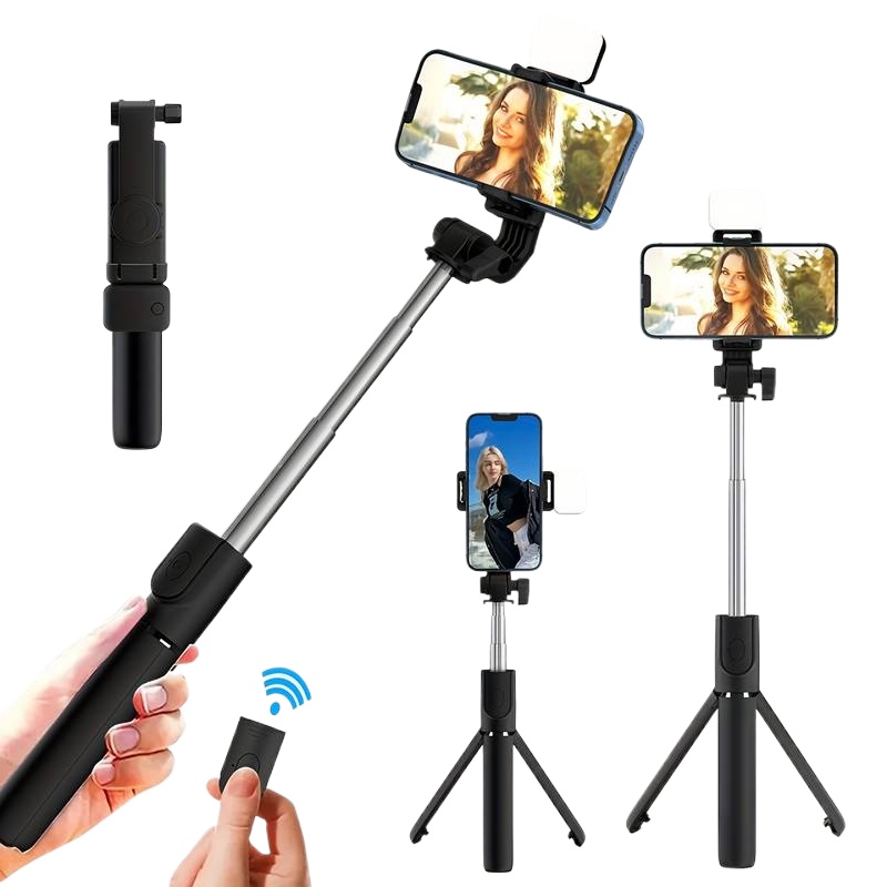 2.3ft Wireless Selfie Stick with LED Light, Bluetooth Remote Shutter & Tripod Stand - Foldable Extendable Mini Tripod Selfie Stick for Vlogging - Portable Multi functional Mobile Holder Grip