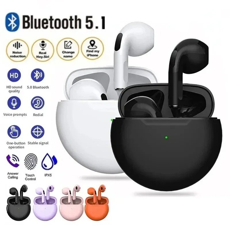 Hento AirPods Pro 6 Hi-Fi Wireless Airbuds 5.0 Bluetooth Earphone Slim small size with Charging Case White