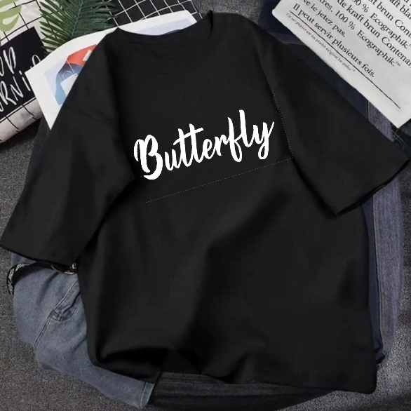 butterfly letters printed tshirts for girls and women in summer 2024 soft cotton black color