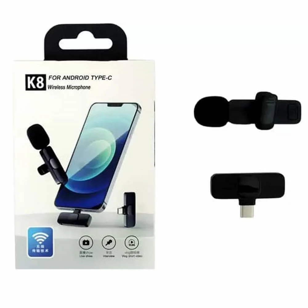 Type C Wireless Microphone K8 Collar Mic For Type C - Wireless Mic for Phone - Vlogging Mic with Microphone Accessories Video for Type C Android, IOS Lightining & 3.5mm Jack