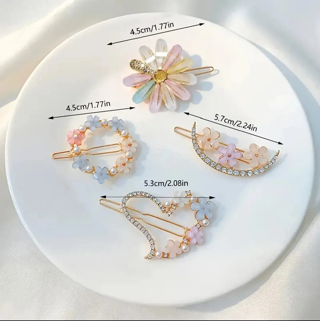 4 pins Korean Style Jewelry Headwear Luxury Party Wedding Geometric Clip Crystal Flower Hairpin Rhinestone Flower Pearl Hairpin Side Clip