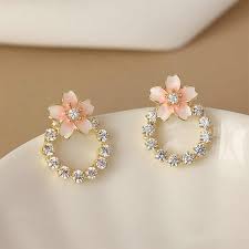 Korean Jewellery Blossom Pink Flower Zircon Stud Earrings for Girls | S925 Needle | S925 Needle Earings For Birthday Wedding Anniversary | For All Occasions