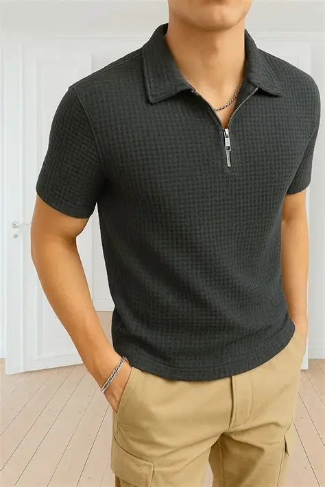 The Vintage Clothing Trendy Waffle Knit Polo Shirts For Men