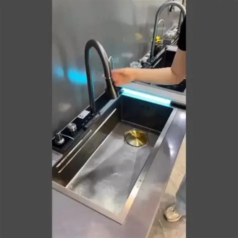 NEXT TAG Kitchen Piano Sink 304 Stainless Steel Single Bowl Black Finish Digital Display Waterfall Sink 360° Pull-Down Faucet Multifunctional Basin with Drainboard Pressurized Cup Washer Luxury Kitchen Sink for Modern Homes Easy Installation