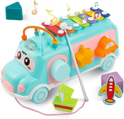 vBaby Toy Musical School Bus,Knocking Piano Car with Shape Puzzles