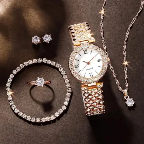 Jewellery For Women Girls Women's Fashion Trend Luxury Rhinestone Roman Quartz Watch Rhinestone Necklace Ring Bracelet Best for Gif