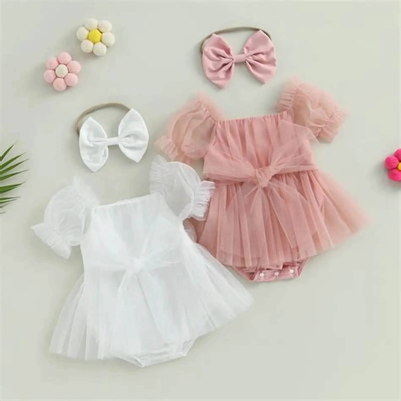 Plain Lawn Baby Girl 2 Piece Dress Set with Bow Headband