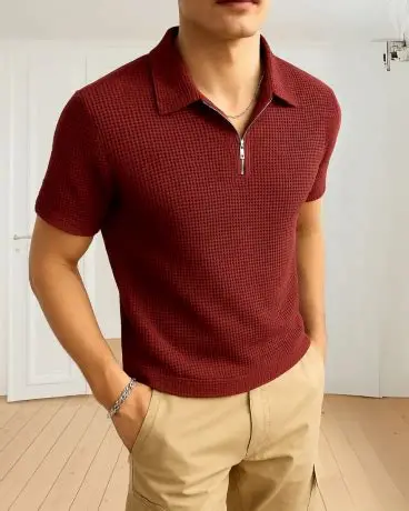 Marron Trendy Waffle Knit Polo Shirts For Men